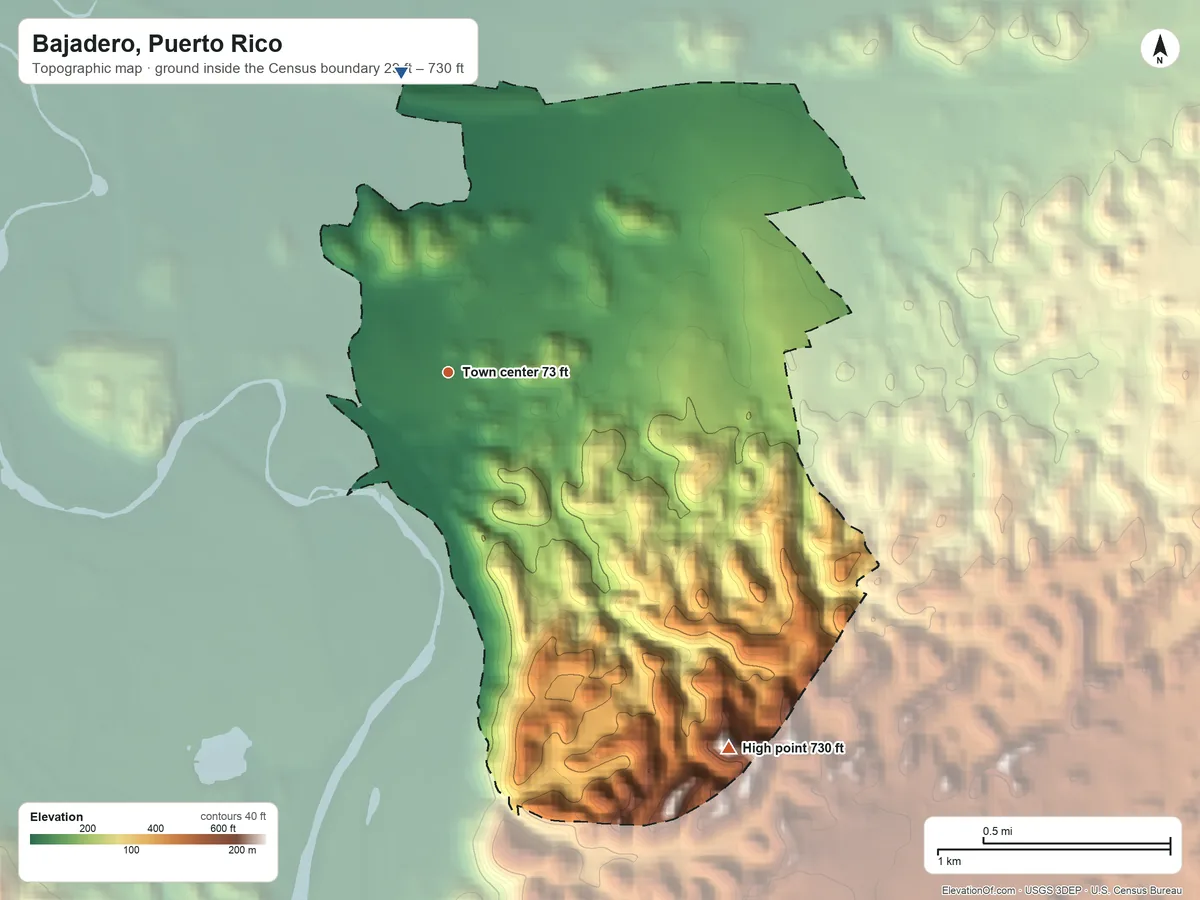 Topographic elevation map of Bajadero, Puerto Rico, shaded from 29 ft on the north side to 730 ft on the southeast side