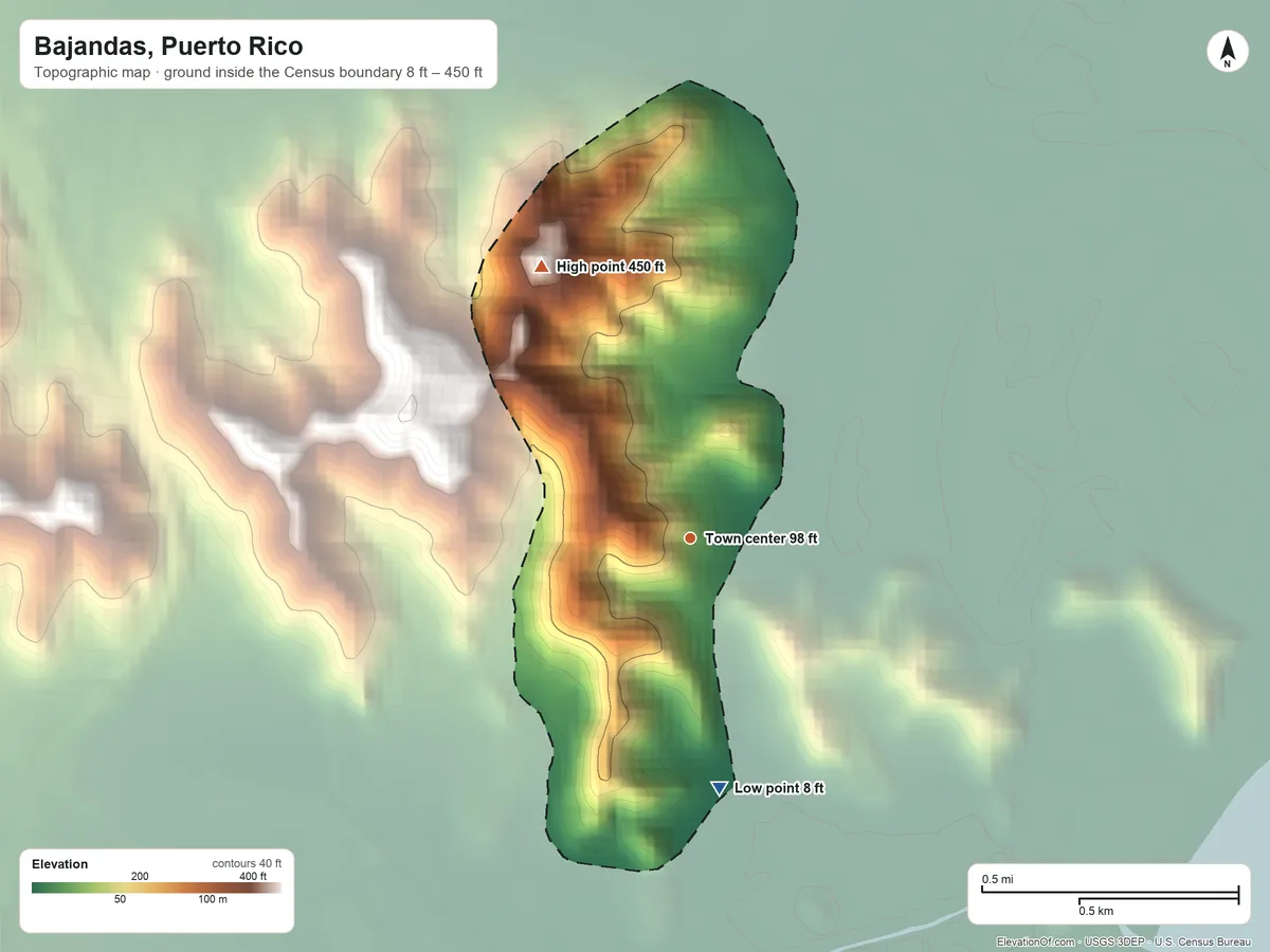 Topographic elevation map of Bajandas, Puerto Rico, shaded from 8 ft on the south side to 450 ft on the northwest side