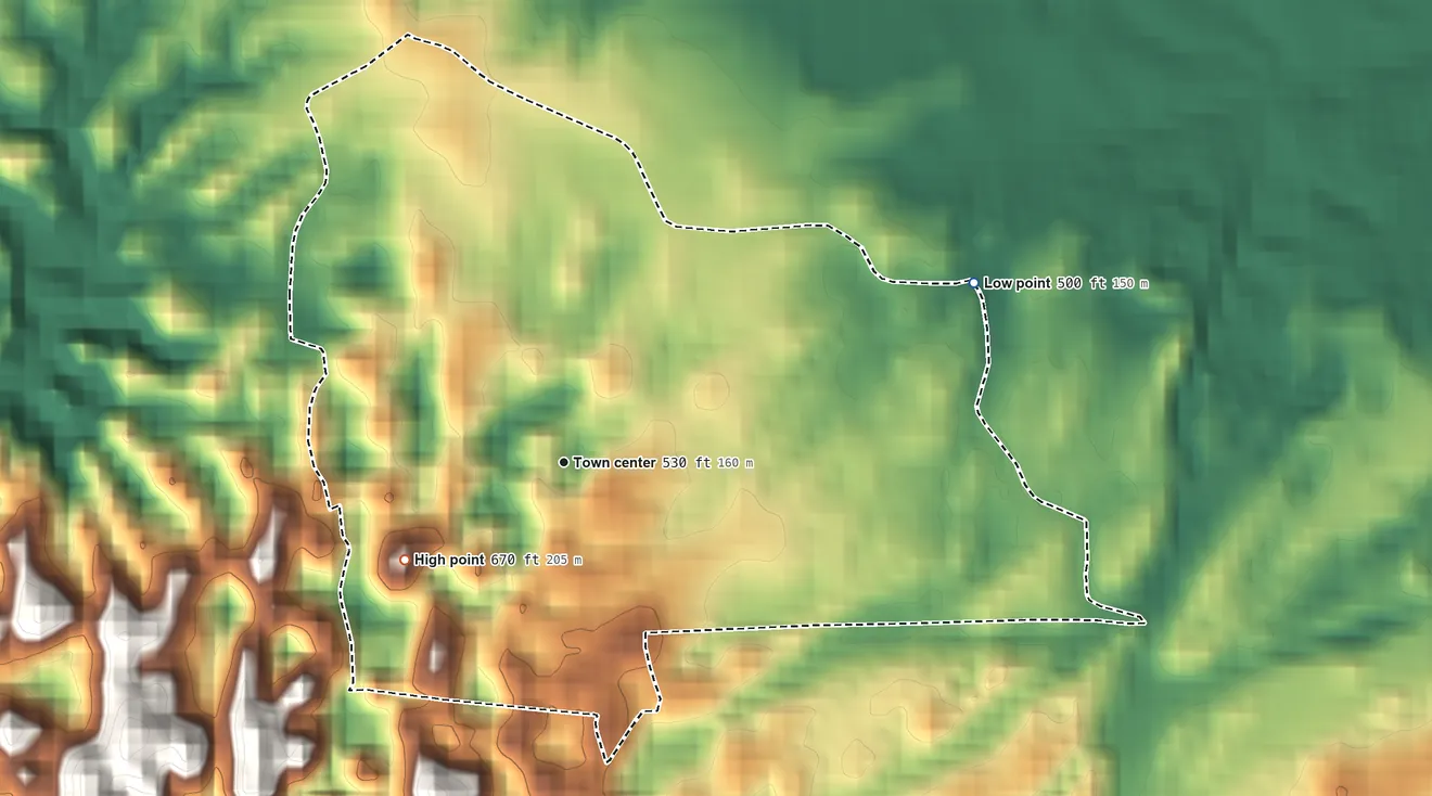 Topographic elevation map of Barahona, Puerto Rico, shaded from 500 ft on the northeast side to 670 ft at the foot of the Montañas de Corozal