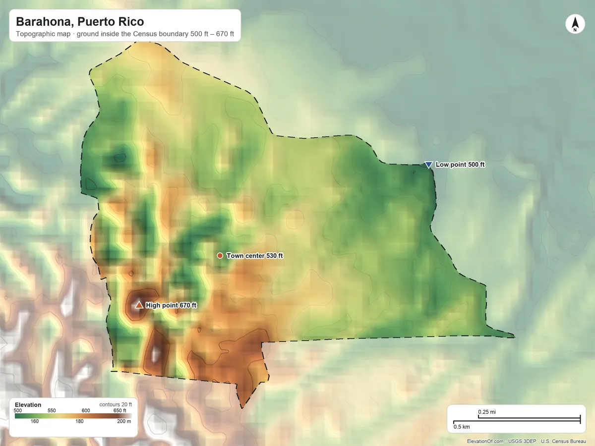 Topographic elevation map of Barahona, Puerto Rico, shaded from 500 ft on the northeast side to 670 ft at the foot of the Montañas de Corozal