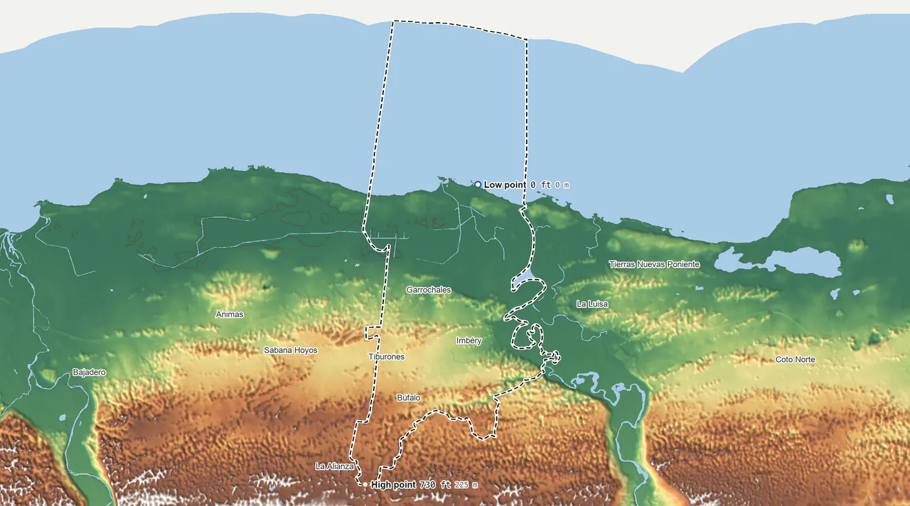 Topographic elevation map of Barceloneta Municipio, Puerto Rico, shaded from sea level on the Océano Atlántico to 730 ft on the south side