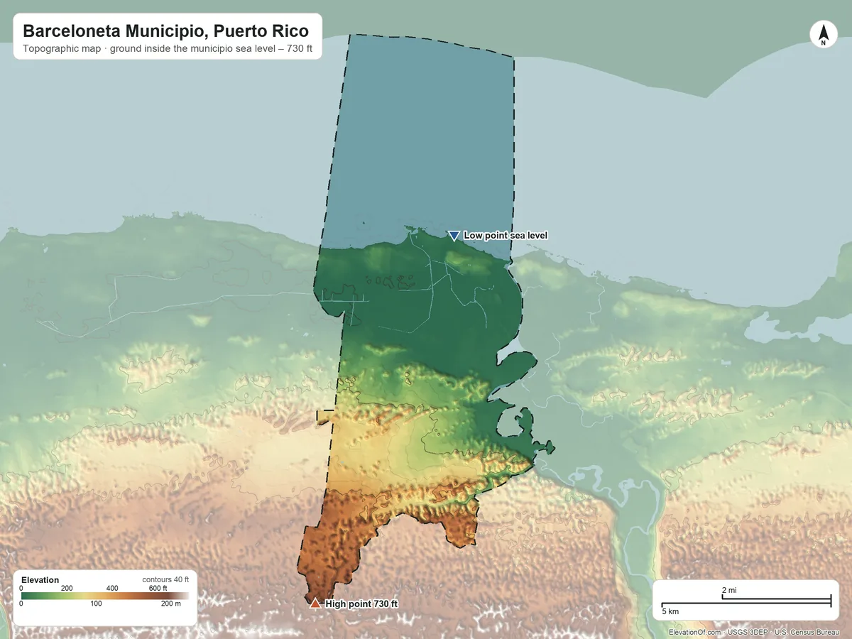 Topographic elevation map of Barceloneta Municipio, Puerto Rico, shaded from sea level on the Océano Atlántico to 730 ft on the south side