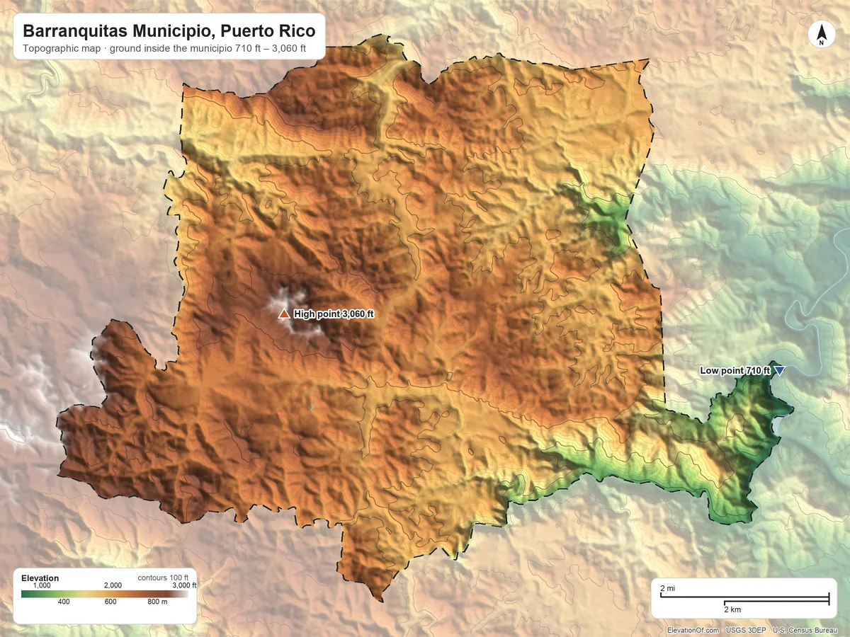 Topographic elevation map of Barranquitas Municipio, Puerto Rico, shaded from 710 ft on the east side to 3,060 ft on La Torrecilla