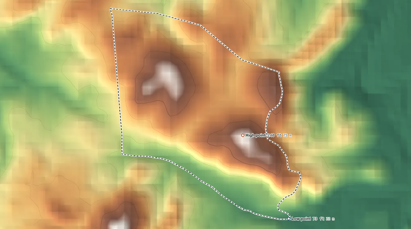 Topographic elevation map of Bartolo, Puerto Rico, shaded from 73 ft on the southeast side to 240 ft at the foot of the Sierra de Luquillo
