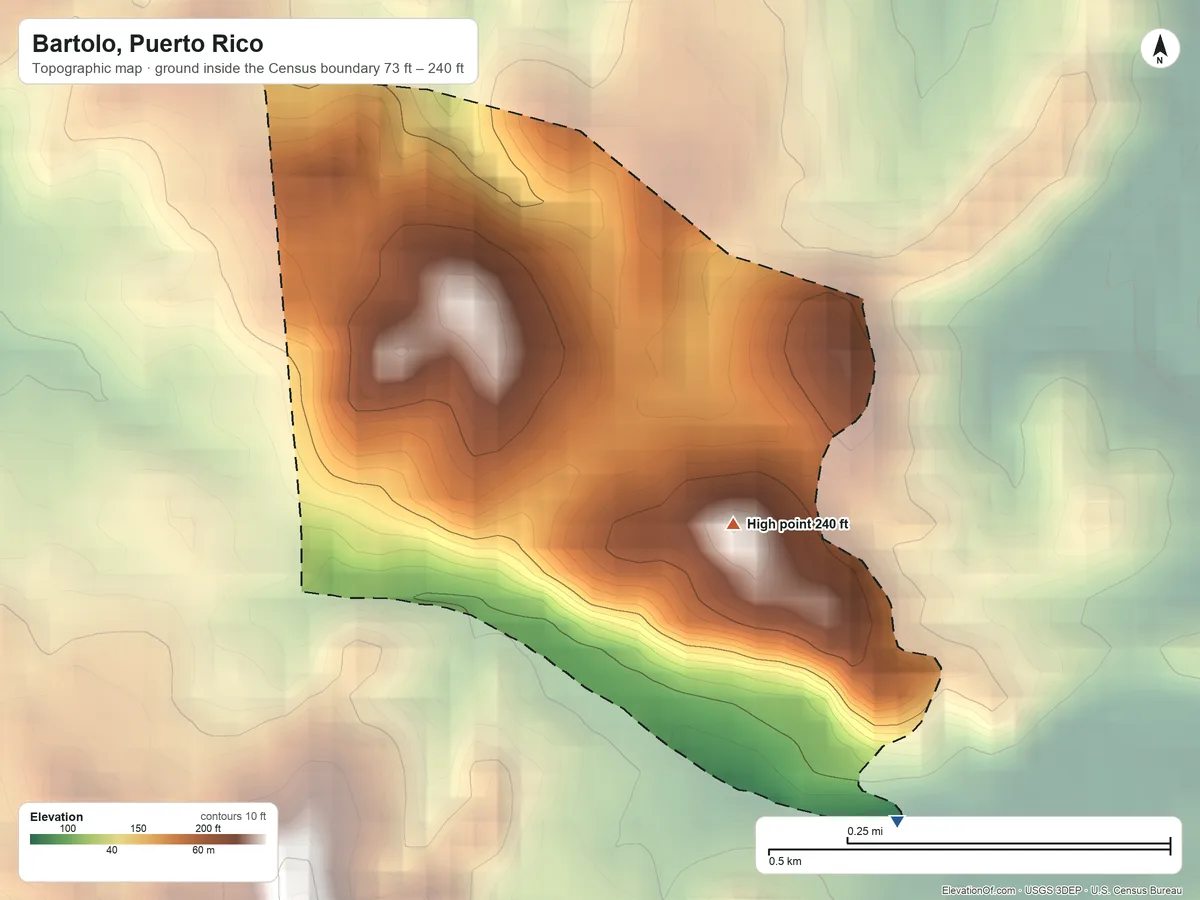 Topographic elevation map of Bartolo, Puerto Rico, shaded from 73 ft on the southeast side to 240 ft at the foot of the Sierra de Luquillo