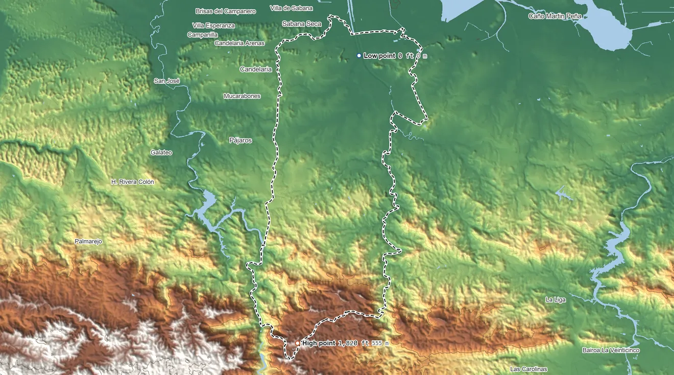 Topographic elevation map of Bayamón Municipio, Puerto Rico, shaded from 0 ft on the north side to 1,820 ft on the south side