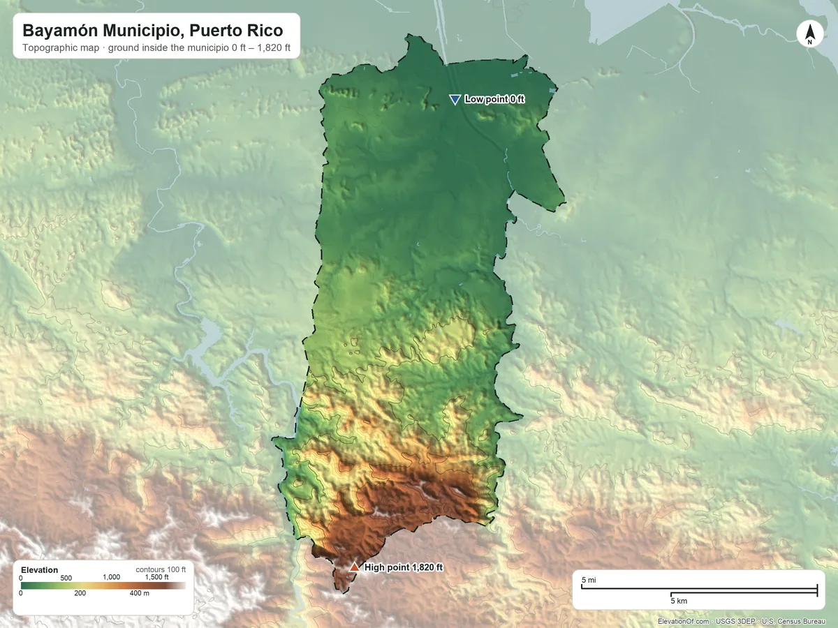 Topographic elevation map of Bayamón Municipio, Puerto Rico, shaded from 0 ft on the north side to 1,820 ft on the south side