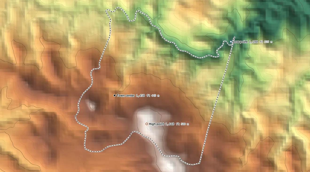 Topographic elevation map of Bayamón, Puerto Rico, shaded from 1,100 ft on the northeast side to 1,640 ft on the southeast side