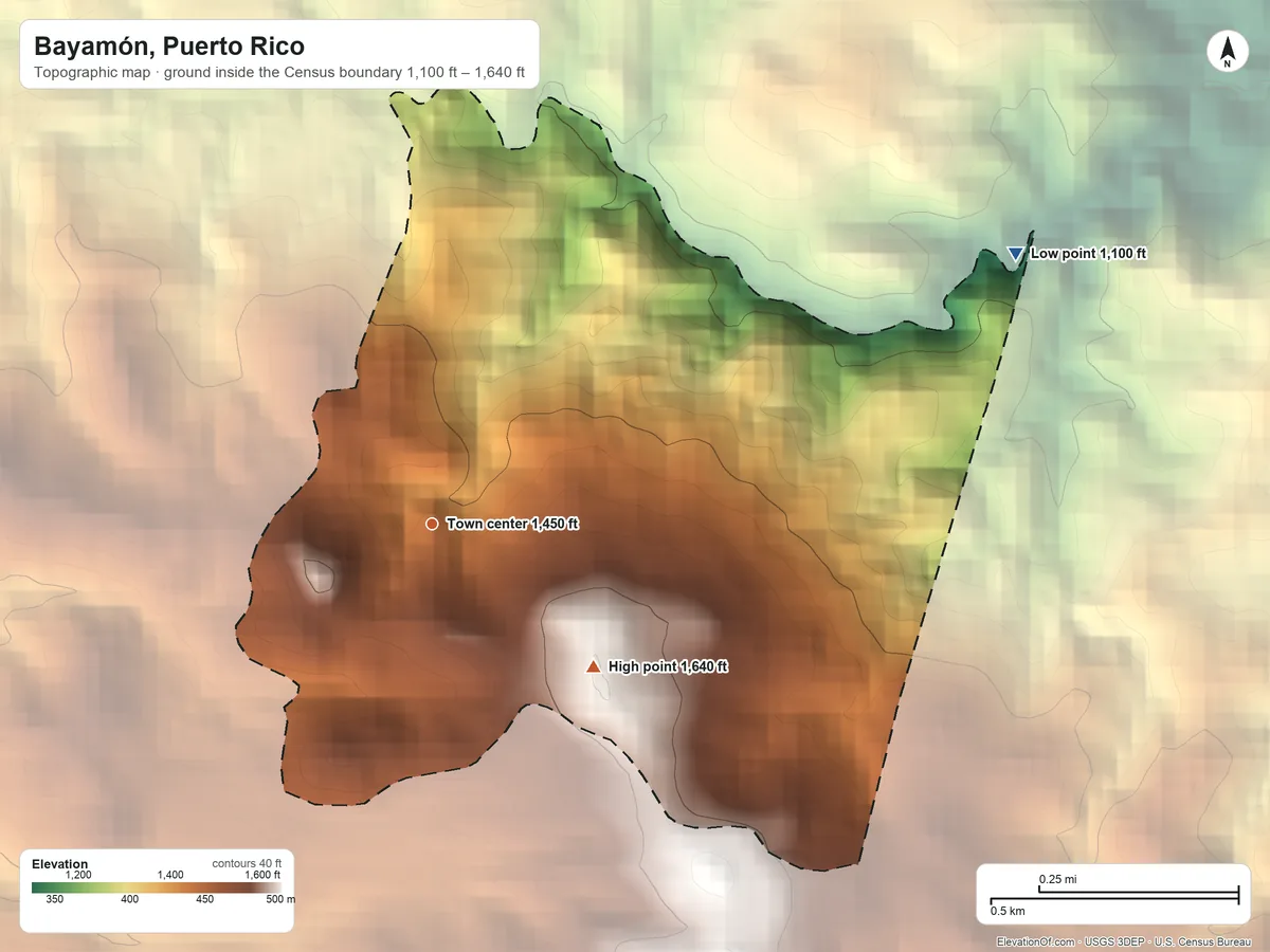 Topographic elevation map of Bayamón, Puerto Rico, shaded from 1,100 ft on the northeast side to 1,640 ft on the southeast side