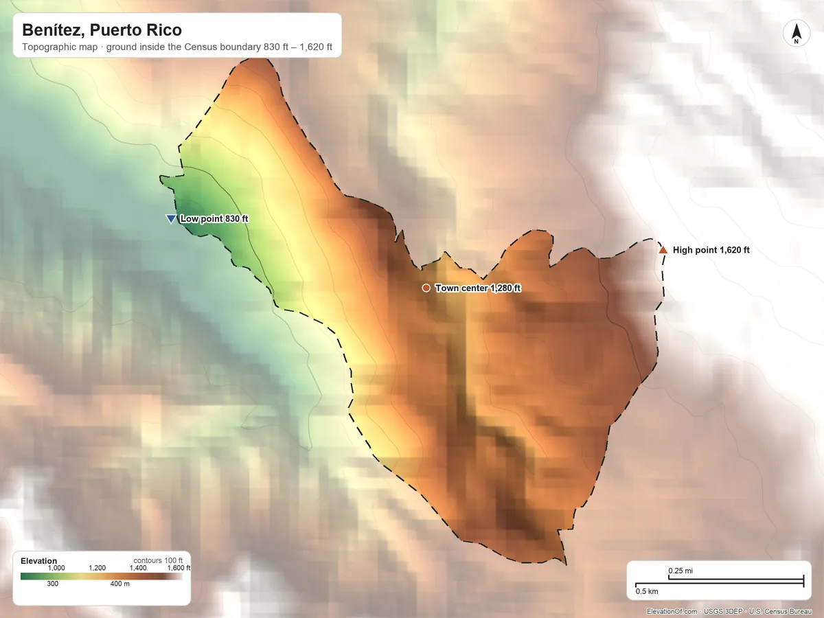 Topographic elevation map of Benítez, Puerto Rico, shaded from 830 ft on the west side to 1,620 ft at the foot of the Sierra de Luquillo