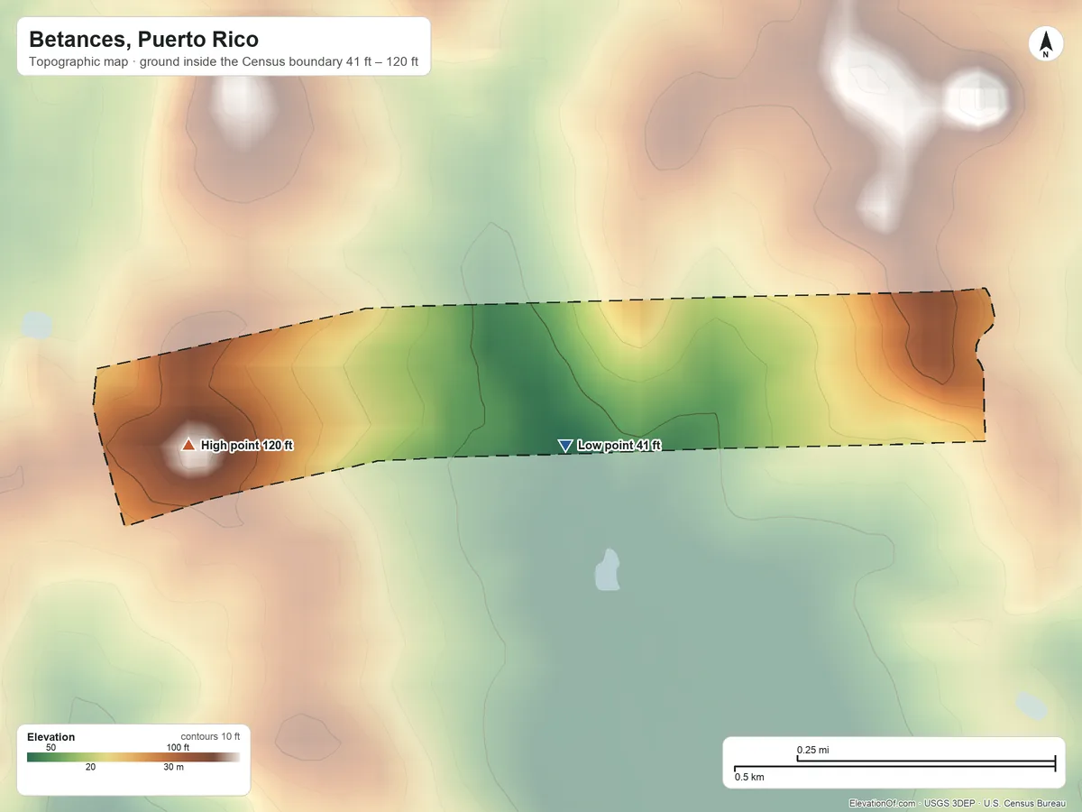Topographic elevation map of Betances, Puerto Rico, shaded from 41 ft near the middle to 120 ft at the foot of the Sierra Bermeja