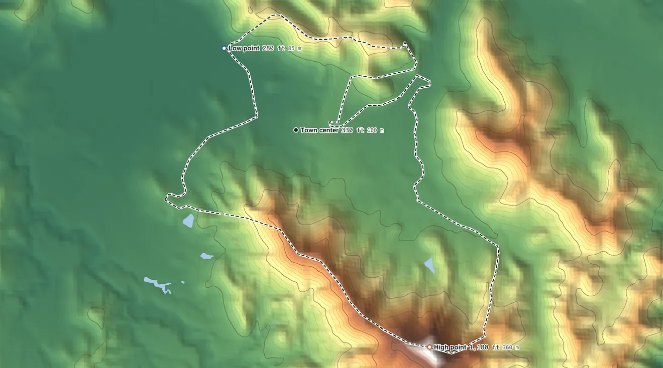 Topographic elevation map of Boquerón, Las Piedras Municipio, Puerto Rico, shaded from 280 ft on the northwest side to 1,180 ft on the southeast edge, below higher ground just outside