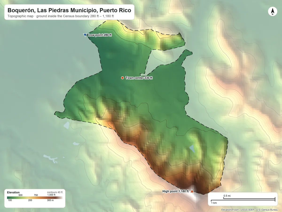 Topographic elevation map of Boquerón, Las Piedras Municipio, Puerto Rico, shaded from 280 ft on the northwest side to 1,180 ft on the southeast edge, below higher ground just outside
