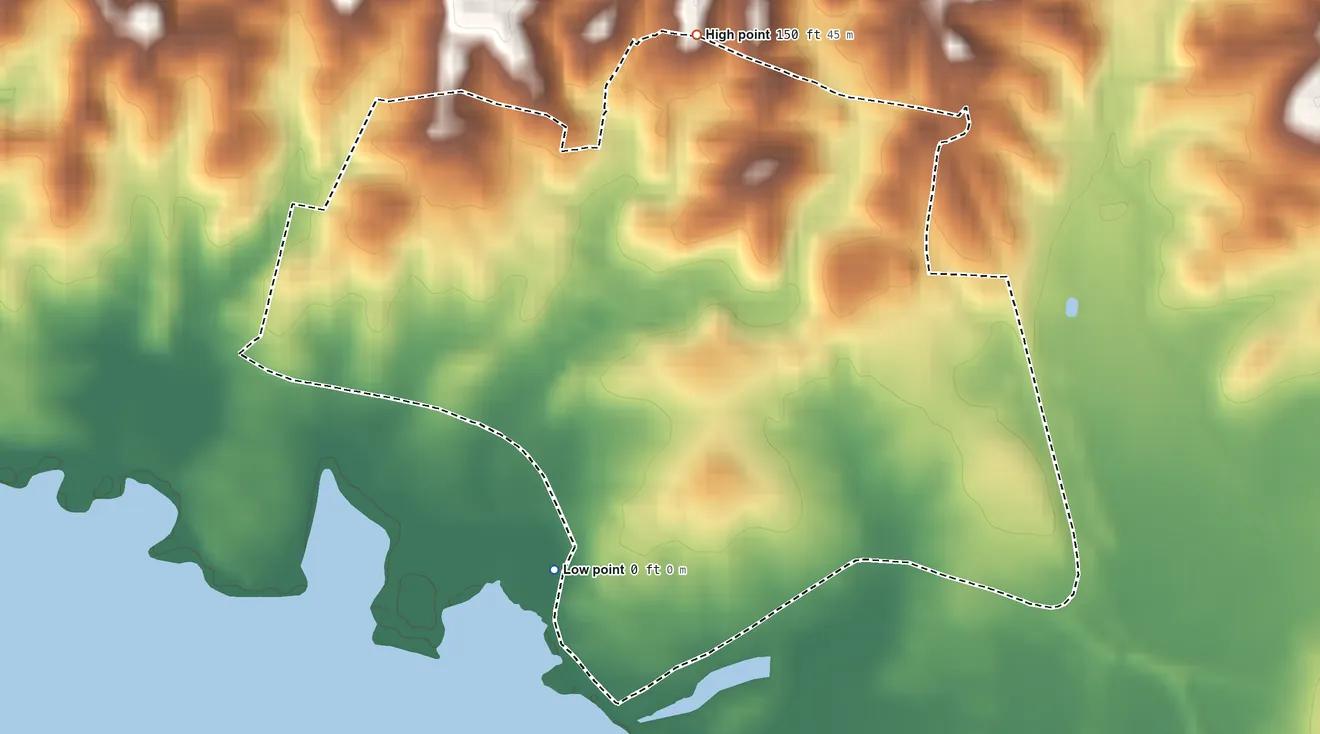 Topographic elevation map of Boquerón, Puerto Rico, shaded from sea level level on the Canal de Guanajibo to 150 ft at the foot of the Sierra Bermeja