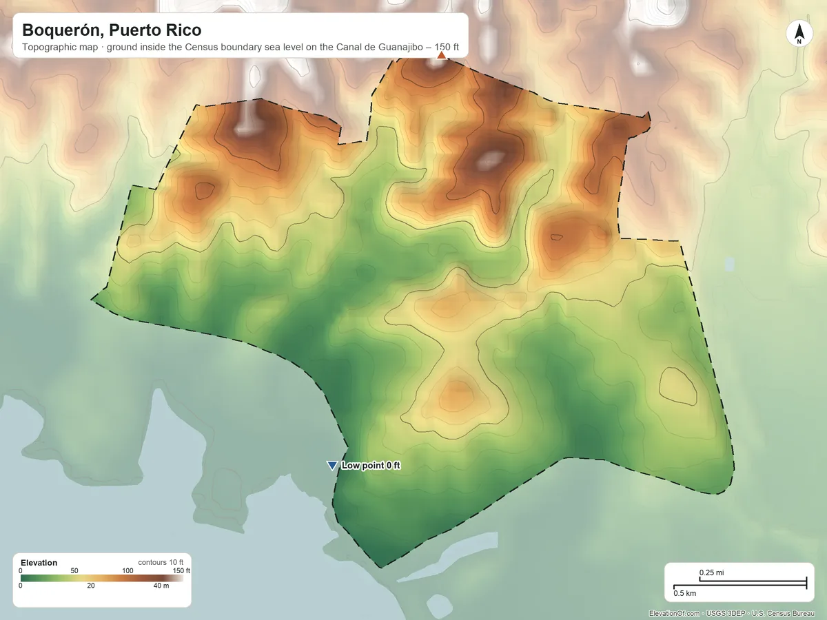 Topographic elevation map of Boquerón, Puerto Rico, shaded from sea level level on the Canal de Guanajibo to 150 ft at the foot of the Sierra Bermeja