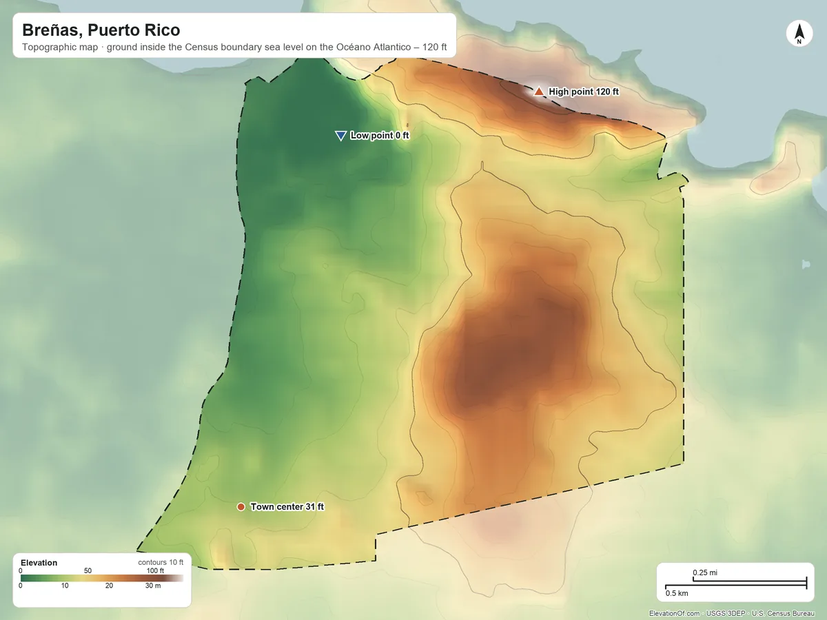 Topographic elevation map of Breñas, Puerto Rico, shaded from sea level level on the Océano Atlantico to 120 ft on El Alto de Breñas