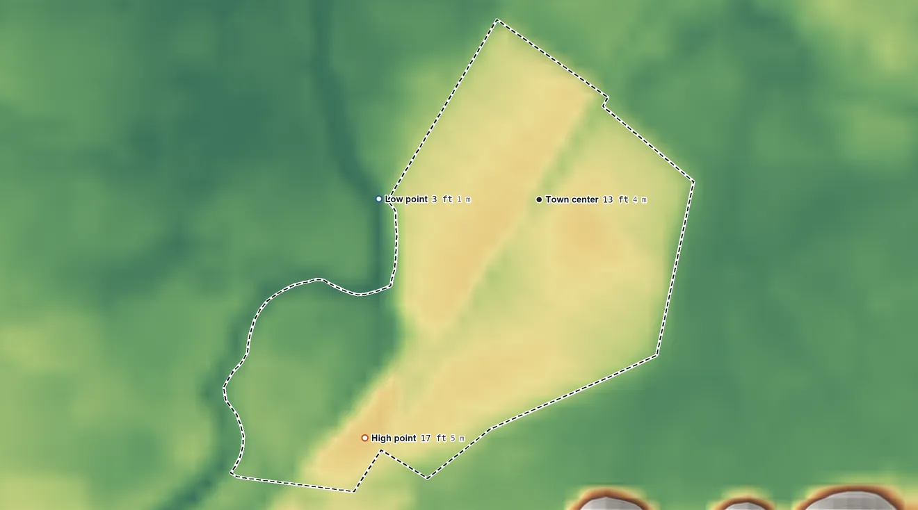 Topographic elevation map of Brisas del Campanero, Puerto Rico, shaded from 3 ft on the west side to 17 ft at the foot of the Montañas de Corozal