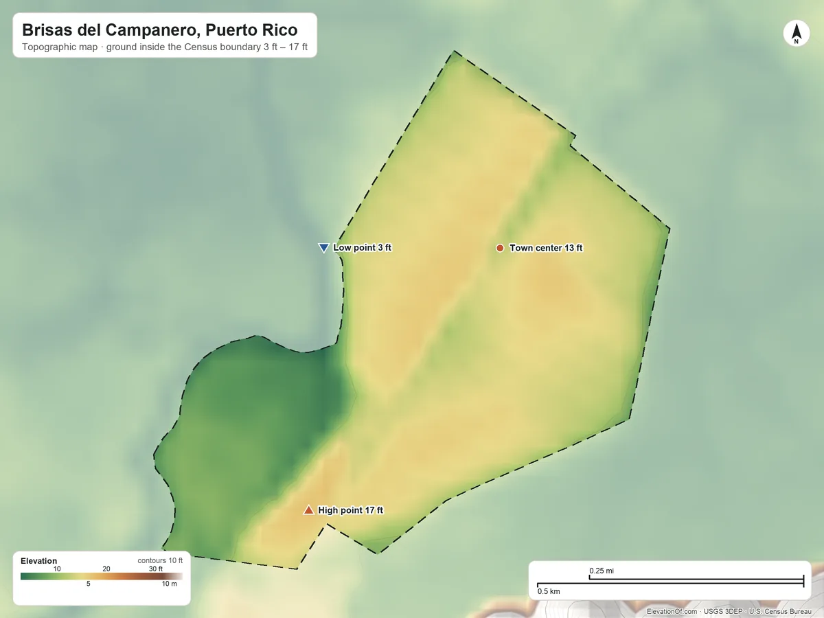 Topographic elevation map of Brisas del Campanero, Puerto Rico, shaded from 3 ft on the west side to 17 ft at the foot of the Montañas de Corozal