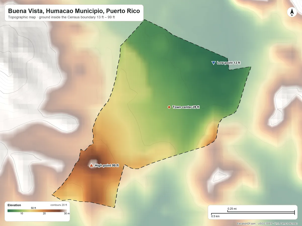 Topographic elevation map of Buena Vista, Humacao Municipio, Puerto Rico, shaded from 13 ft on the northeast side to 99 ft at the foot of the Sierra de Guardarraya