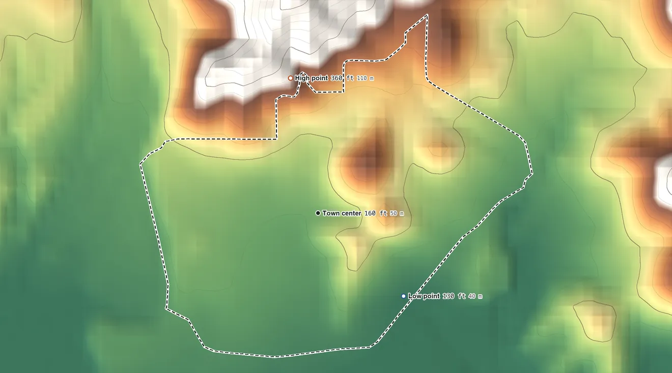 Topographic elevation map of Buena Vista, Puerto Rico, shaded from 130 ft on the southeast side to 360 ft at the foot of the Sierra de Guardarraya
