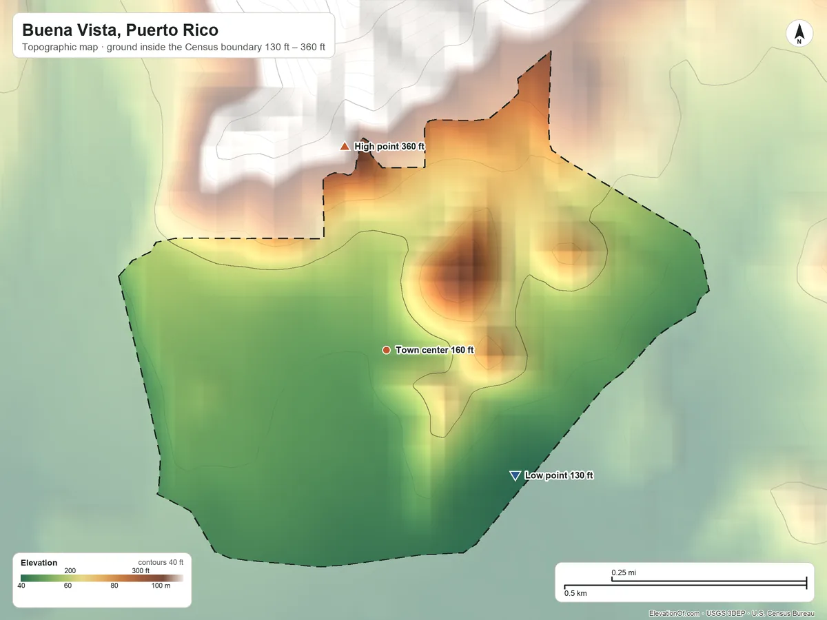 Topographic elevation map of Buena Vista, Puerto Rico, shaded from 130 ft on the southeast side to 360 ft at the foot of the Sierra de Guardarraya