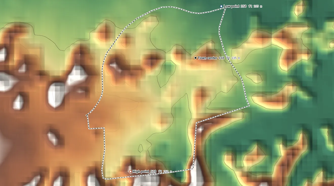 Topographic elevation map of Búfalo, Puerto Rico, shaded from 350 ft on the northeast side to 520 ft on the southwest side