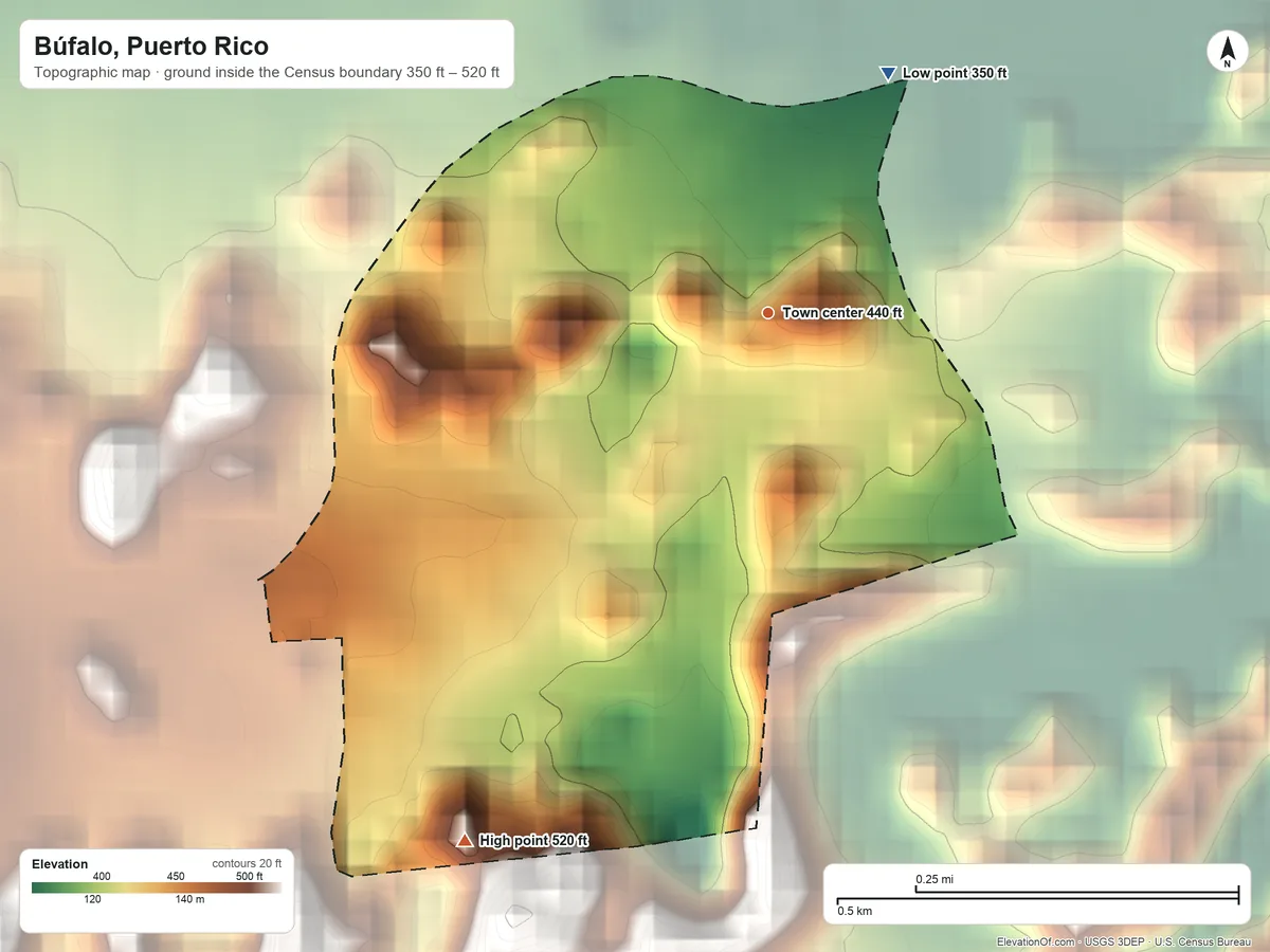 Topographic elevation map of Búfalo, Puerto Rico, shaded from 350 ft on the northeast side to 520 ft on the southwest side