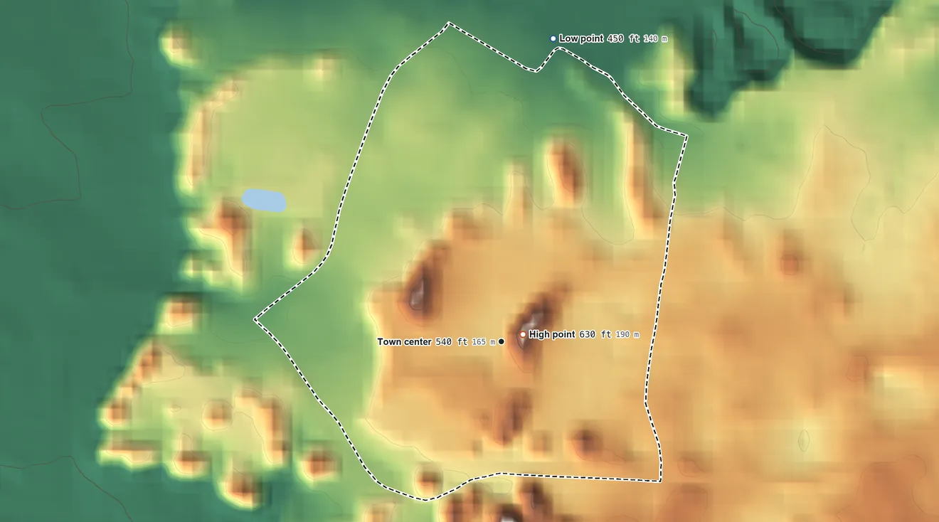 Topographic elevation map of Cabán, Puerto Rico, shaded from 450 ft on the north side to 630 ft near the middle