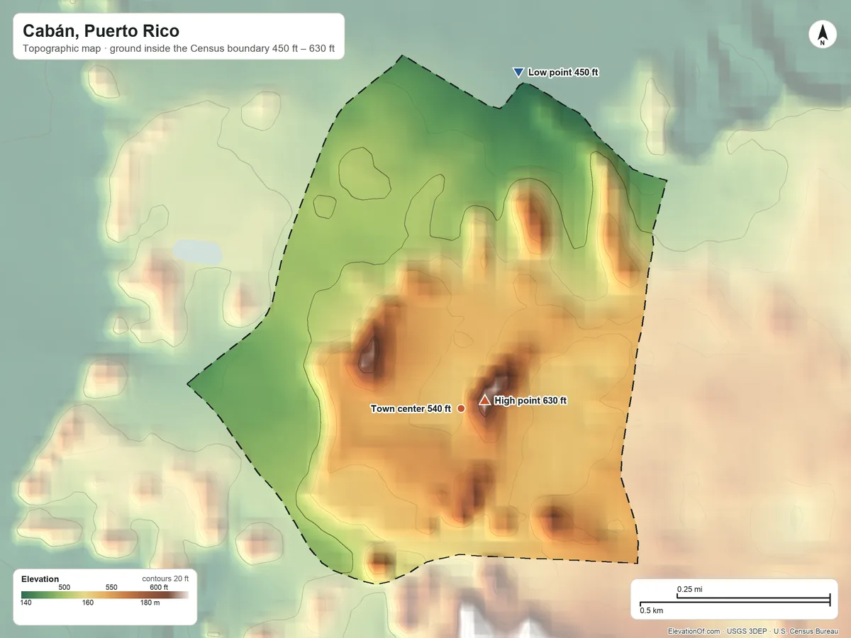 Topographic elevation map of Cabán, Puerto Rico, shaded from 450 ft on the north side to 630 ft near the middle
