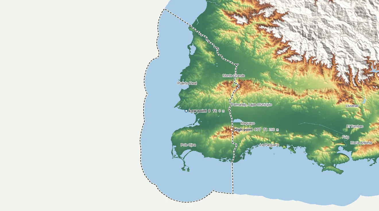 Topographic elevation map of Cabo Rojo Municipio, Puerto Rico, shaded from sea level on the Canal de Guanajibo to 977 ft on Cerro Mariquita
