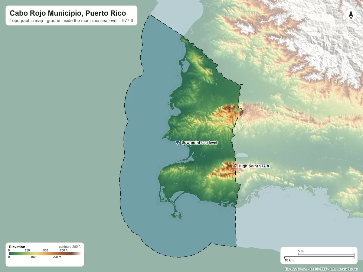 Topographic elevation map of Cabo Rojo Municipio, Puerto Rico, shaded from sea level on the Canal de Guanajibo to 977 ft on Cerro Mariquita