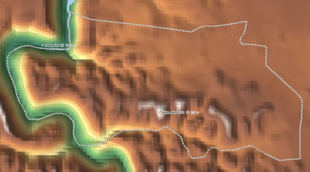 Topographic elevation map of Cacao, Puerto Rico, shaded from 20 ft on the west side to 640 ft on El Centro