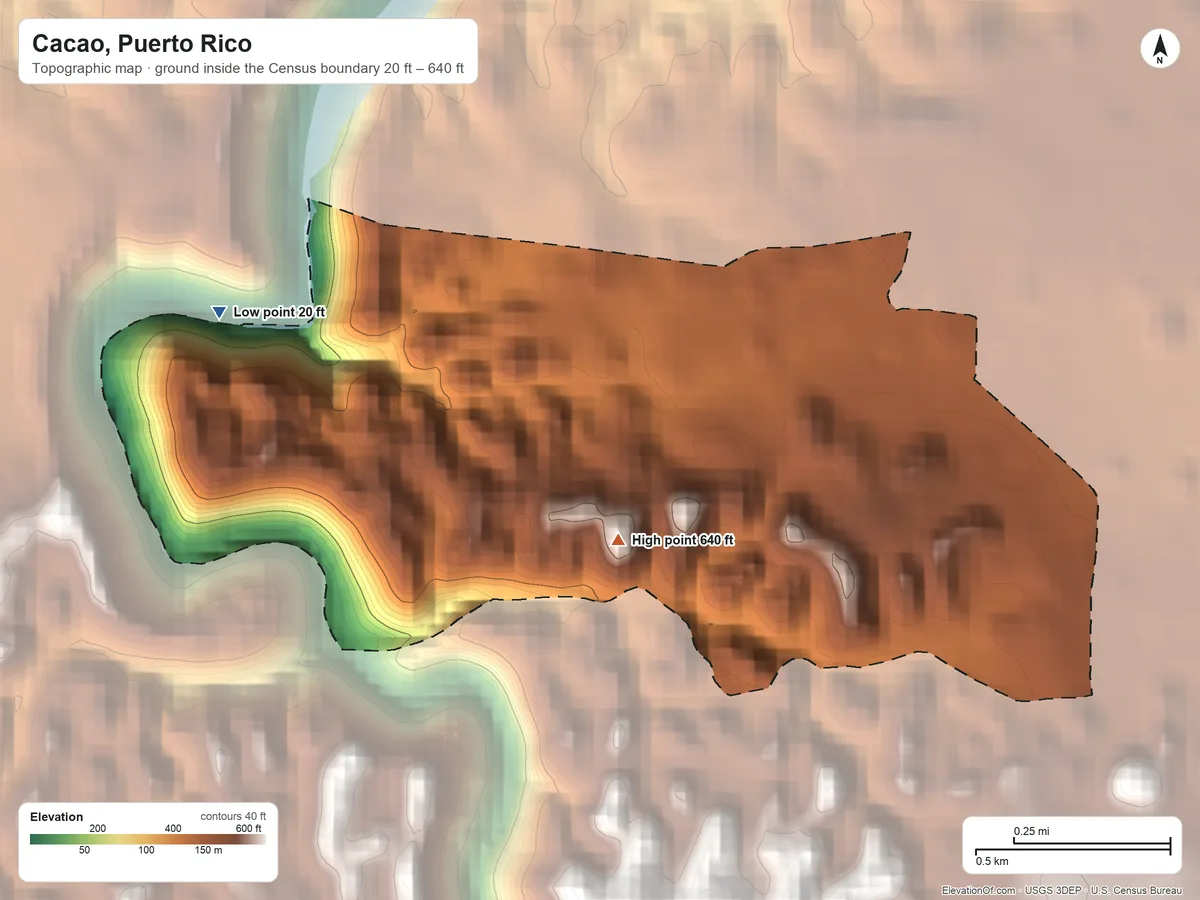 Topographic elevation map of Cacao, Puerto Rico, shaded from 20 ft on the west side to 640 ft on El Centro