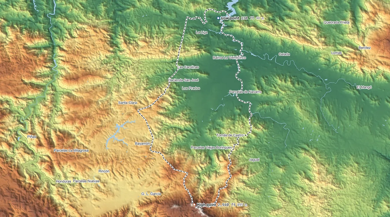 Topographic elevation map of Caguas Municipio, Puerto Rico, shaded from 130 ft on the north side to 2,940 ft on Cerro Lucero