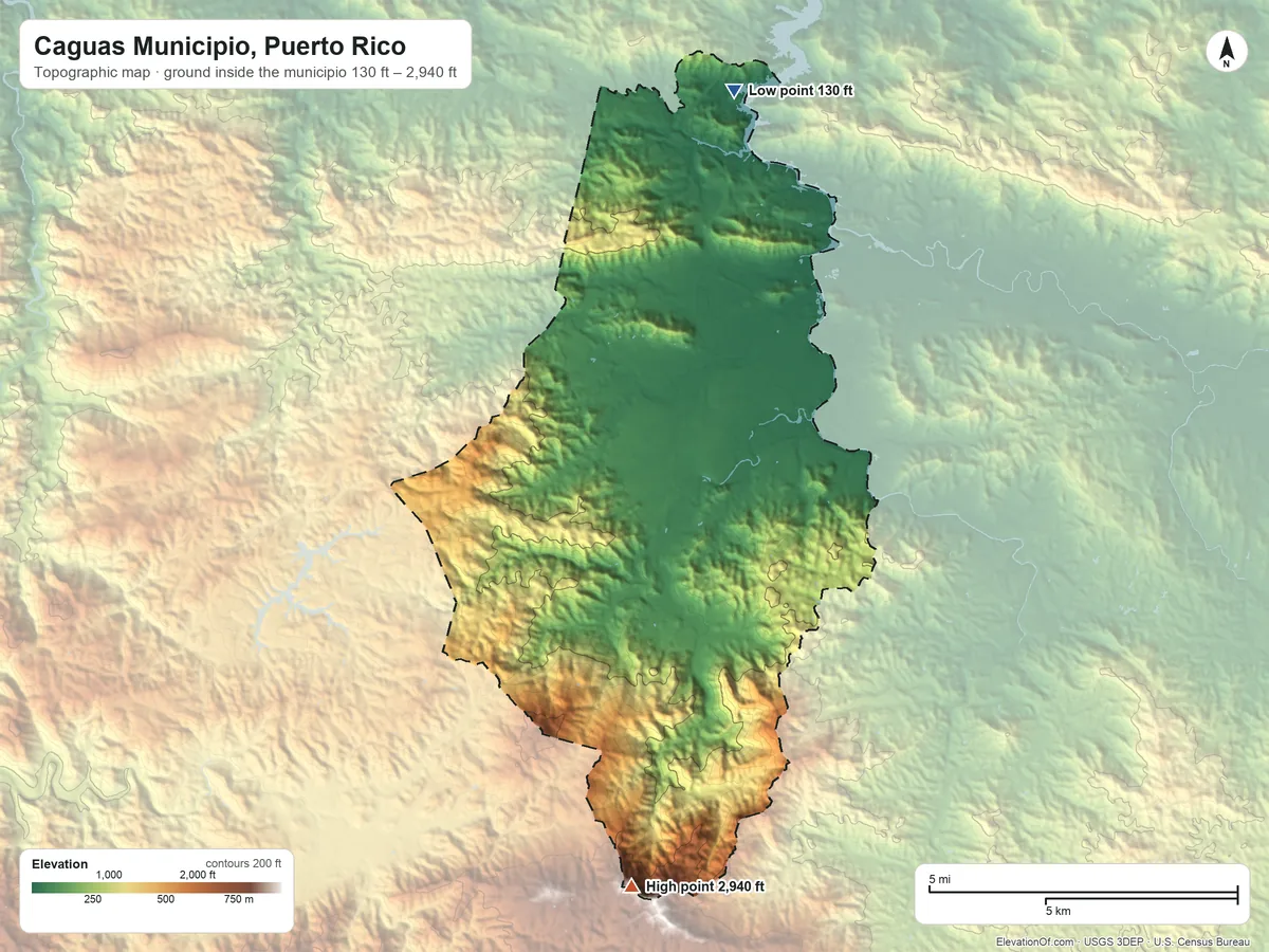 Topographic elevation map of Caguas Municipio, Puerto Rico, shaded from 130 ft on the north side to 2,940 ft on Cerro Lucero