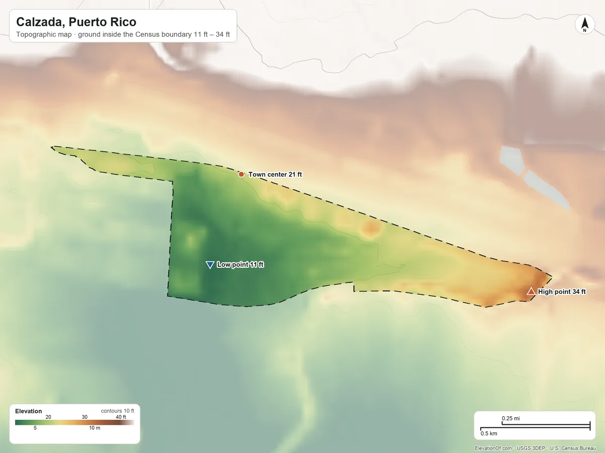 Topographic elevation map of Calzada, Puerto Rico, shaded from 11 ft on the south side to 34 ft on the east side