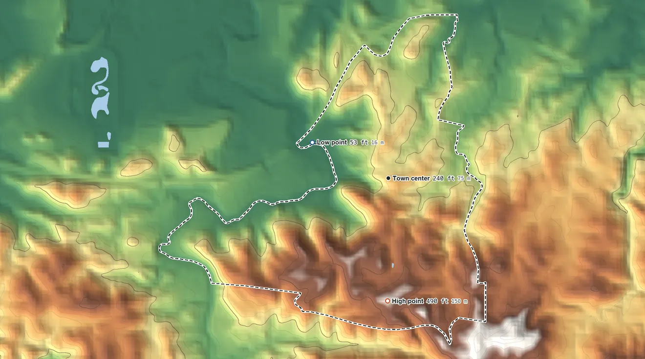 Topographic elevation map of Cambalache, Puerto Rico, shaded from 53 ft on the northwest side to 490 ft at the foot of the Sierra de Luquillo