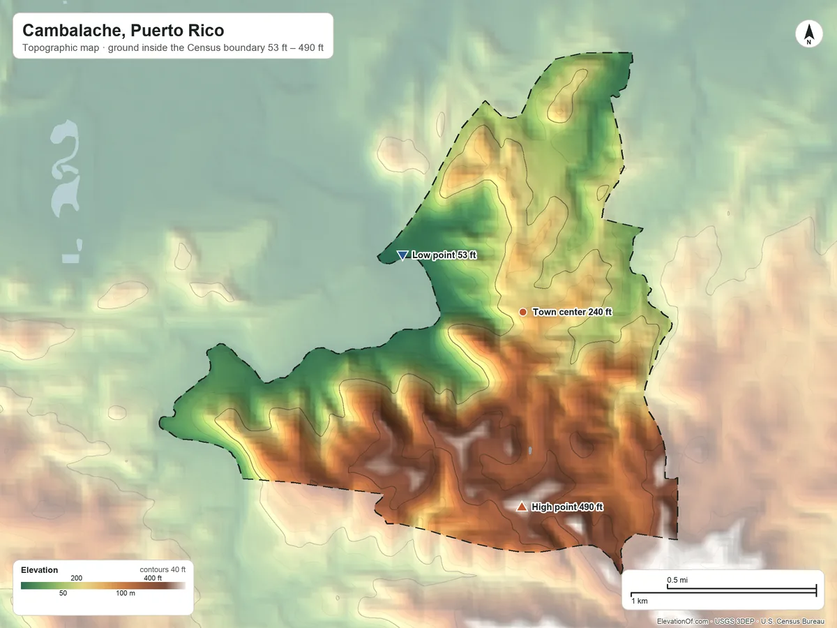 Topographic elevation map of Cambalache, Puerto Rico, shaded from 53 ft on the northwest side to 490 ft at the foot of the Sierra de Luquillo