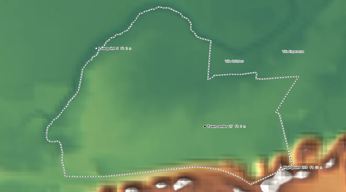 Topographic elevation map of Campanilla, Puerto Rico, shaded from 5 ft on the northwest side to 220 ft on the southeast side