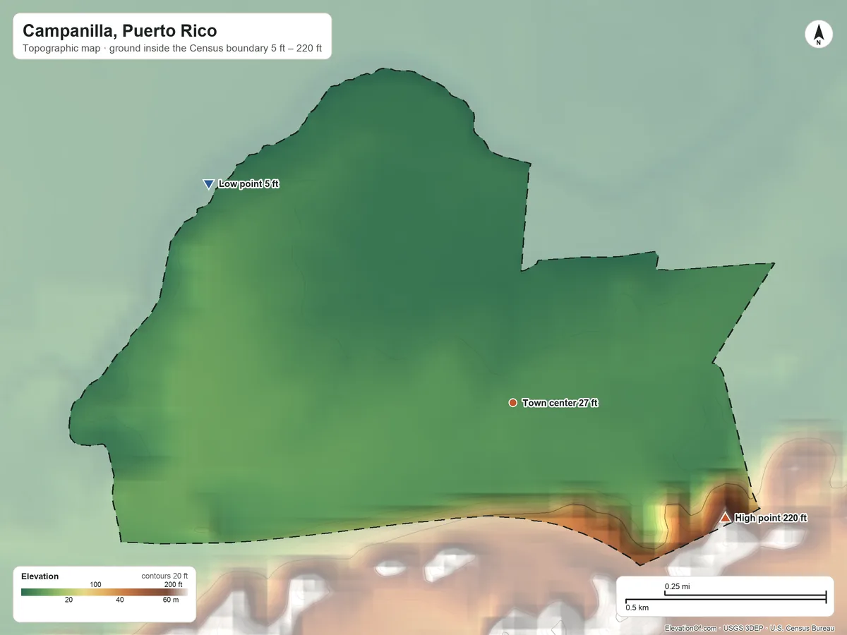 Topographic elevation map of Campanilla, Puerto Rico, shaded from 5 ft on the northwest side to 220 ft on the southeast side