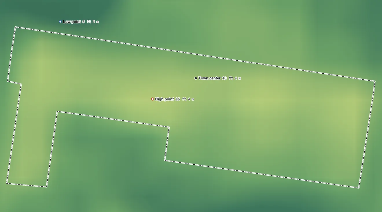 Topographic elevation map of Campanillas, Puerto Rico, shaded from 6 ft on the northwest side to 15 ft at the foot of the Montañas de Corozal