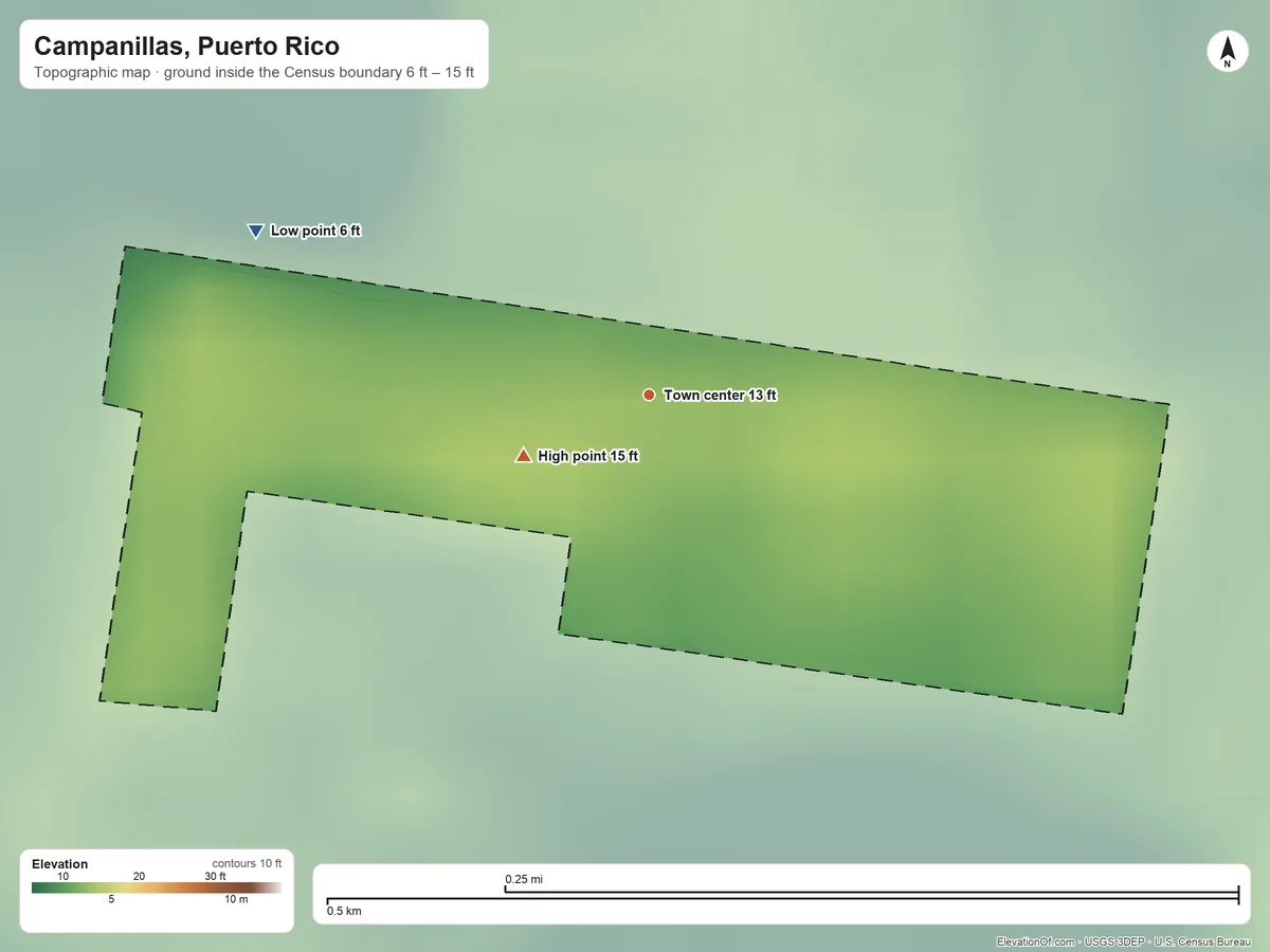 Topographic elevation map of Campanillas, Puerto Rico, shaded from 6 ft on the northwest side to 15 ft at the foot of the Montañas de Corozal