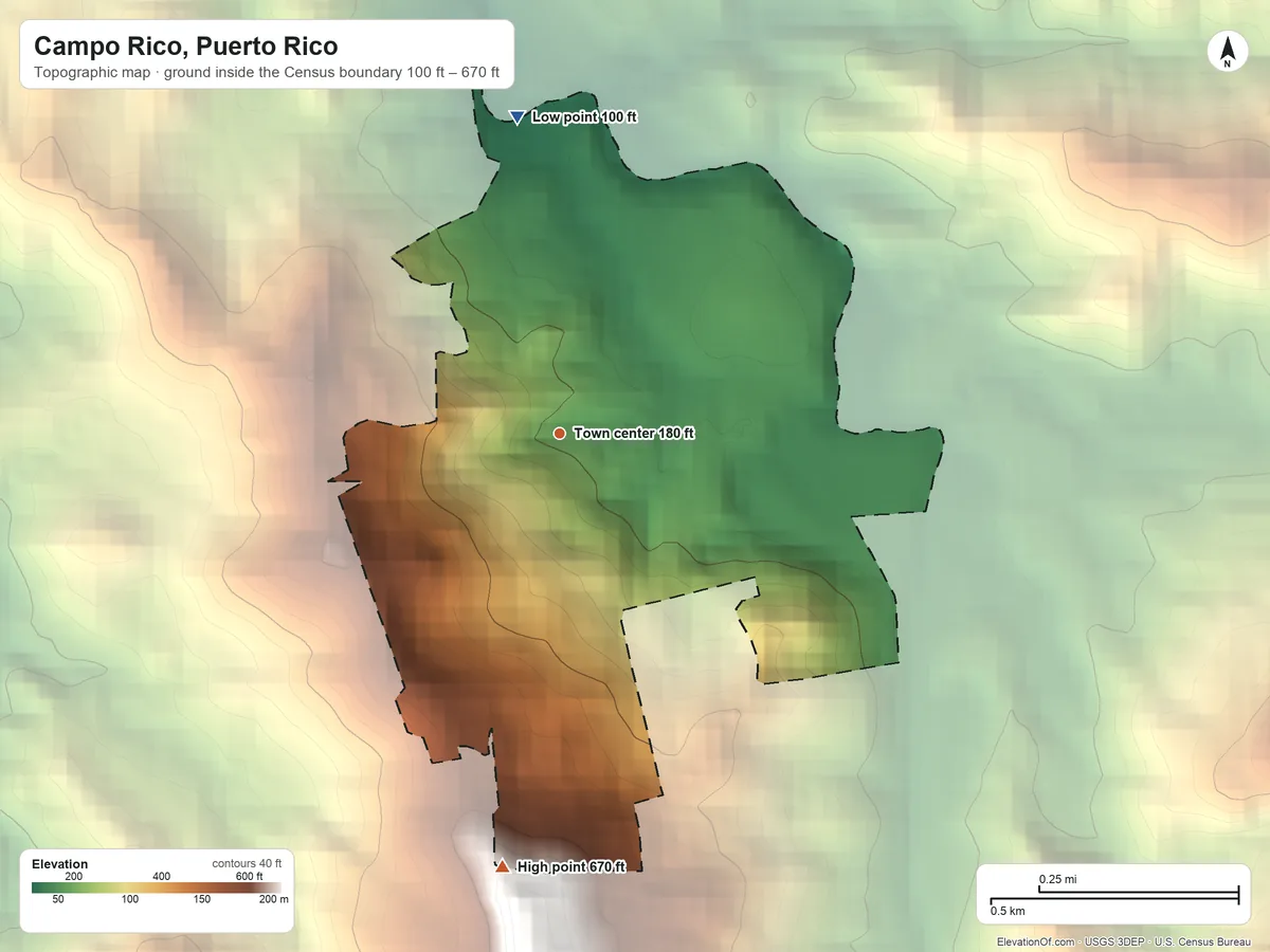 Topographic elevation map of Campo Rico, Puerto Rico, shaded from 100 ft on the north side to 670 ft at the foot of the Sierra de Luquillo
