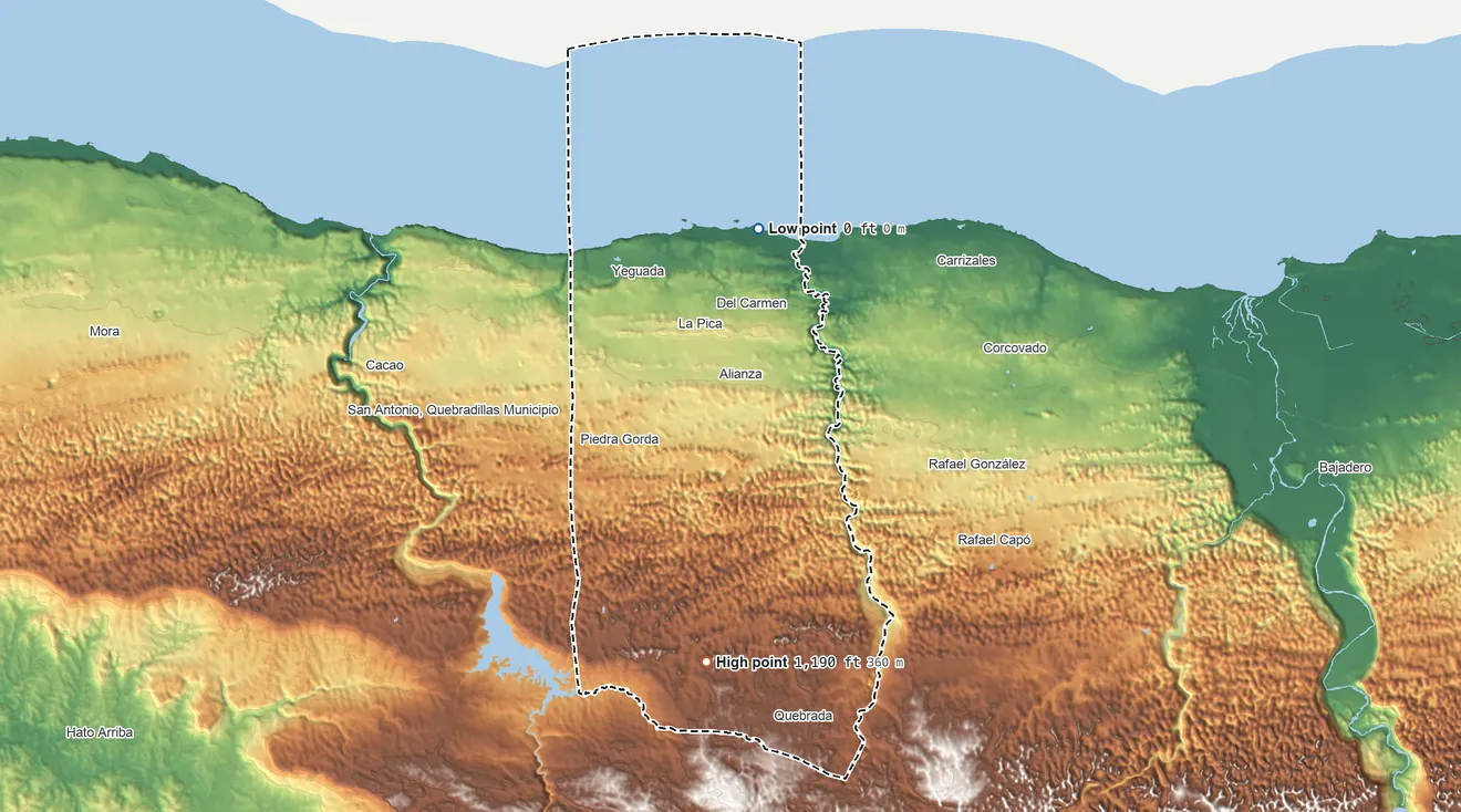Topographic elevation map of Camuy Municipio, Puerto Rico, shaded from sea level on the Océano Atlántico to 1,190 ft on the south side