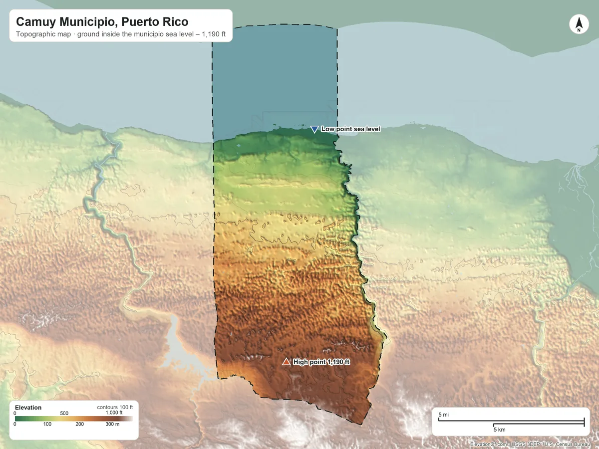 Topographic elevation map of Camuy Municipio, Puerto Rico, shaded from sea level on the Océano Atlántico to 1,190 ft on the south side