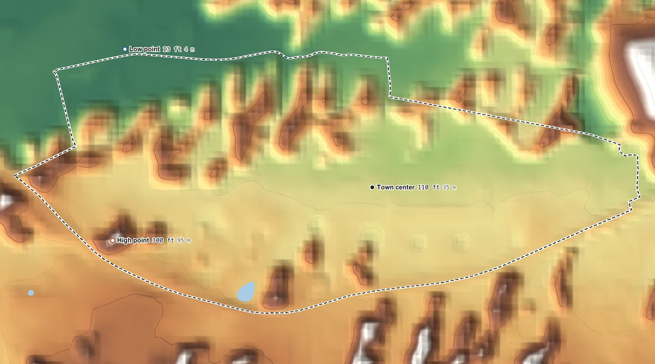 Topographic elevation map of Candelaria Arenas, Puerto Rico, shaded from 13 ft on the northwest side to 300 ft on the west side
