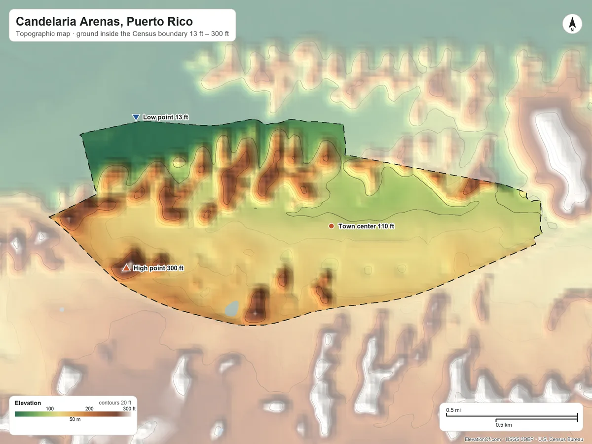 Topographic elevation map of Candelaria Arenas, Puerto Rico, shaded from 13 ft on the northwest side to 300 ft on the west side