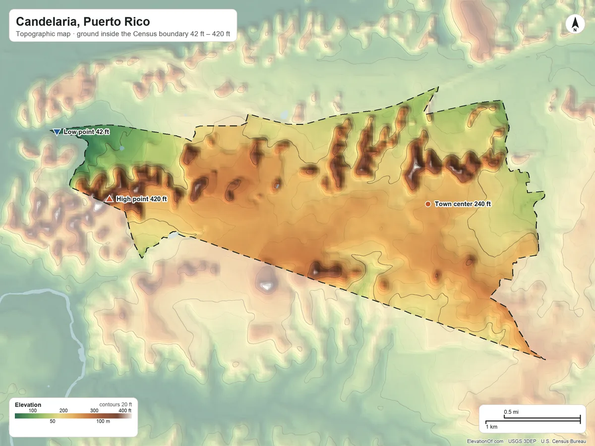 Topographic elevation map of Candelaria, Puerto Rico, shaded from 42 ft on the west side to 420 ft on the west side