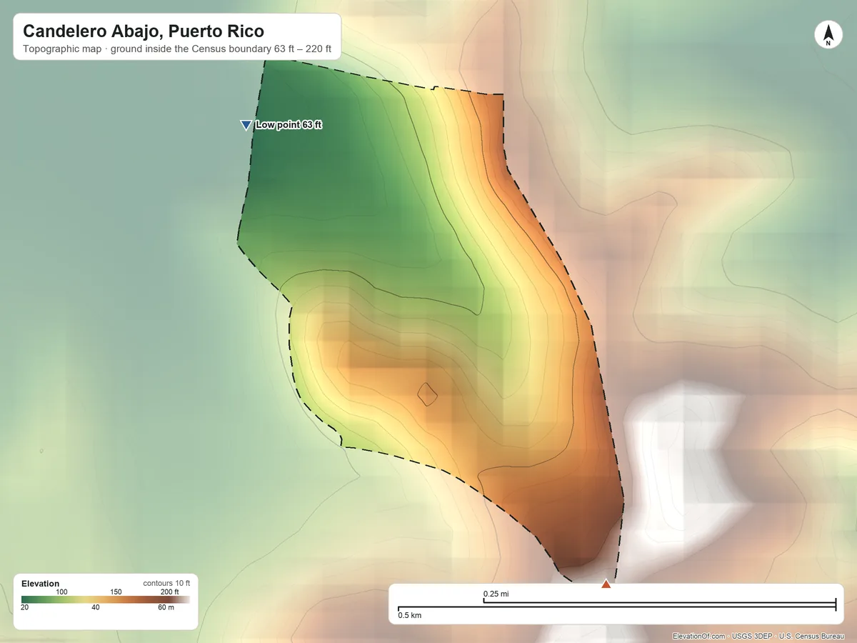 Topographic elevation map of Candelero Abajo, Puerto Rico, shaded from 63 ft on the northwest side to 220 ft at the foot of the Sierra de Guardarraya