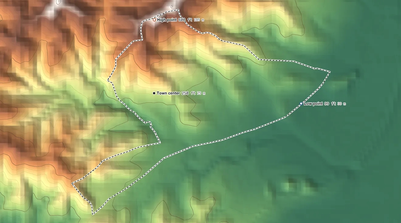 Topographic elevation map of Candelero Arriba, Puerto Rico, shaded from 99 ft on the east side to 600 ft at the foot of the Sierra de Guardarraya